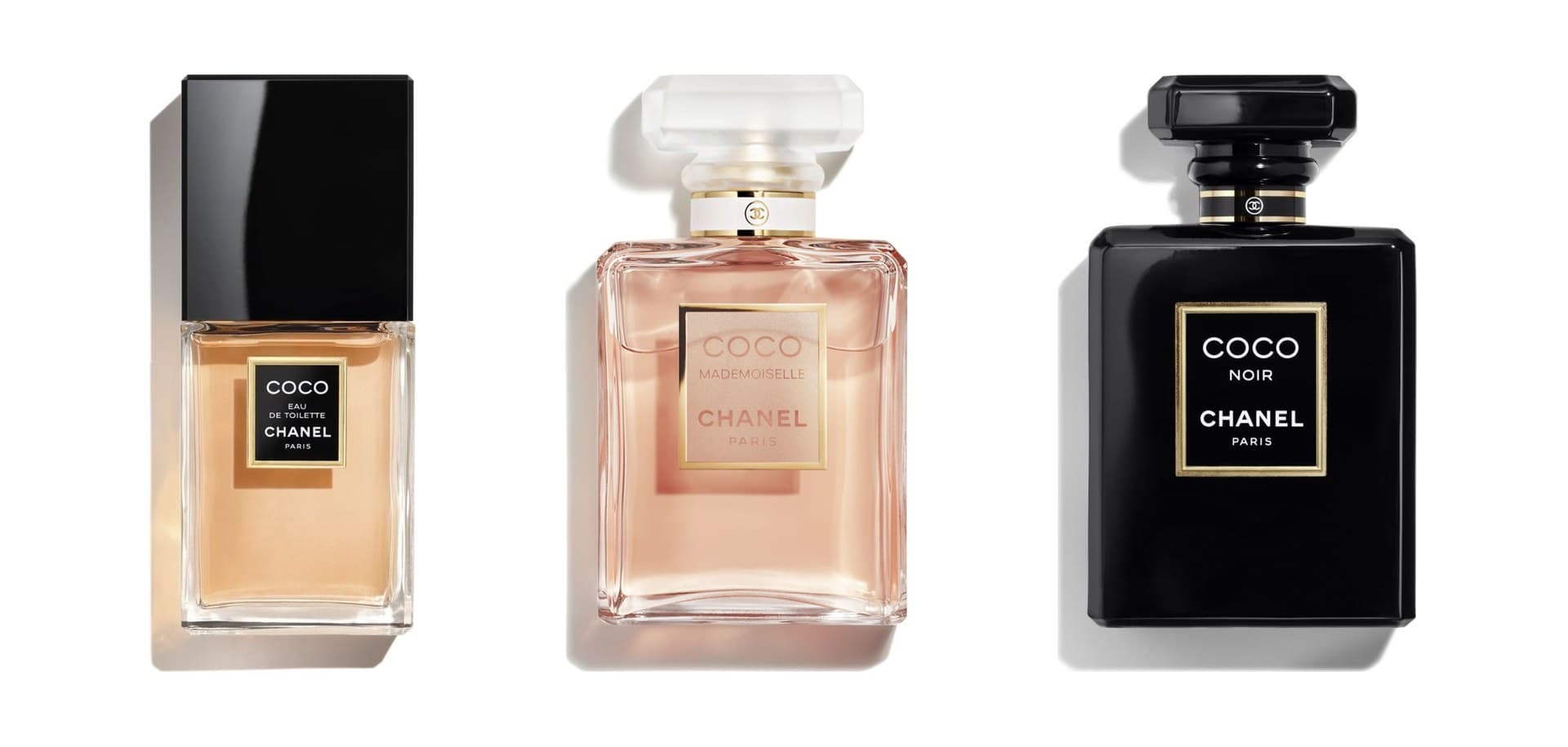 Les flacons de Coco, de Coco Mademoiselle et de Coco Noir de Chanel, côte à côte