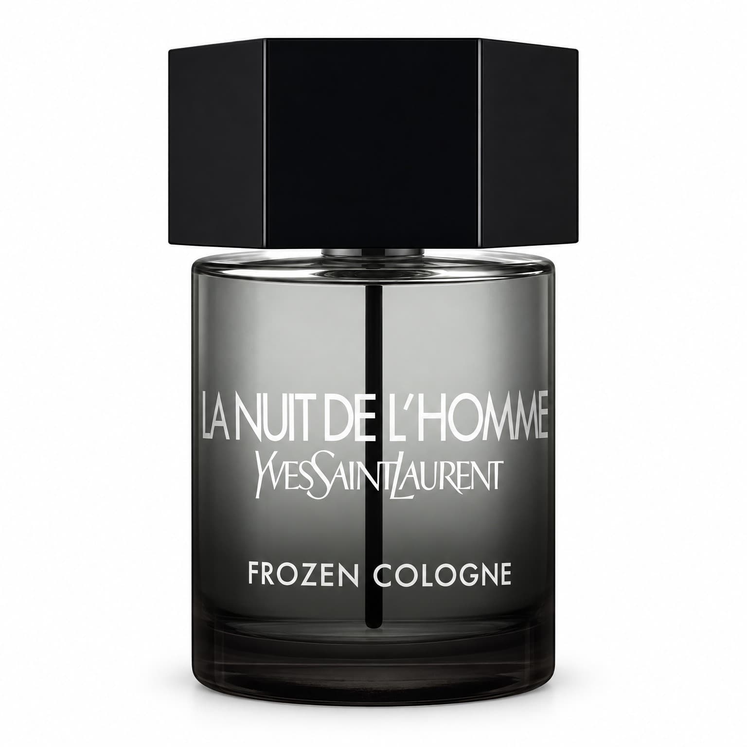 La Nuit de l'Homme Frozen Cologne : visuel recréé par IA d’après la photo du flacon