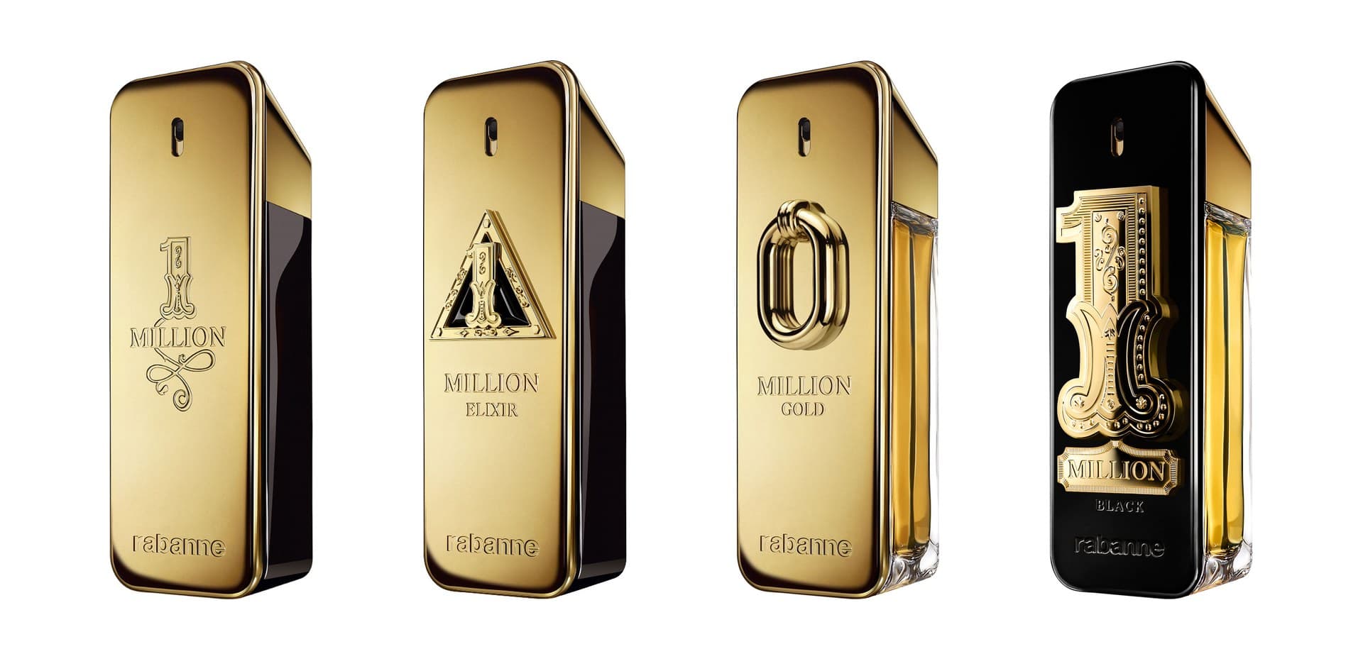 Quattro flaconi della linea 1 Million affiancati: l’Eau de Toilette del 2008, 1 Million Elixir, Million Gold e 1 Million Black