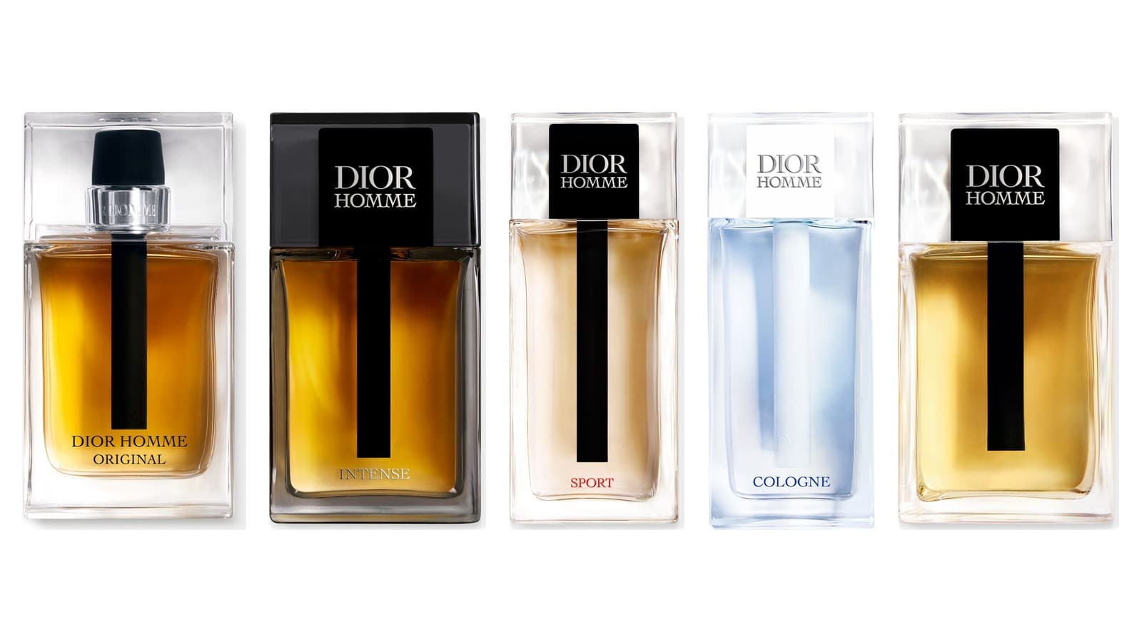 Fünf Dior-Homme-Flakons nebeneinander auf weißem Hintergrund: Dior Homme Original, Dior Homme Intense, Dior Homme Sport, Dior Homme Cologne und der Dior Homme von 2020.